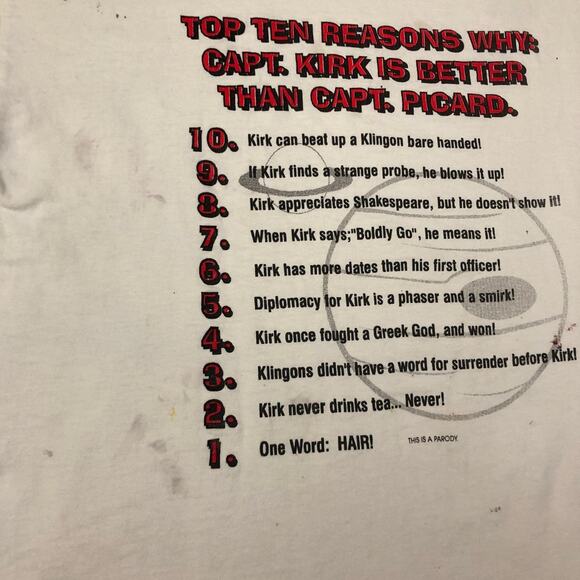 White ’10 Reasons’ Captain Kirk vs Capt. Picard Graphic Tee - Picture 3 of 5